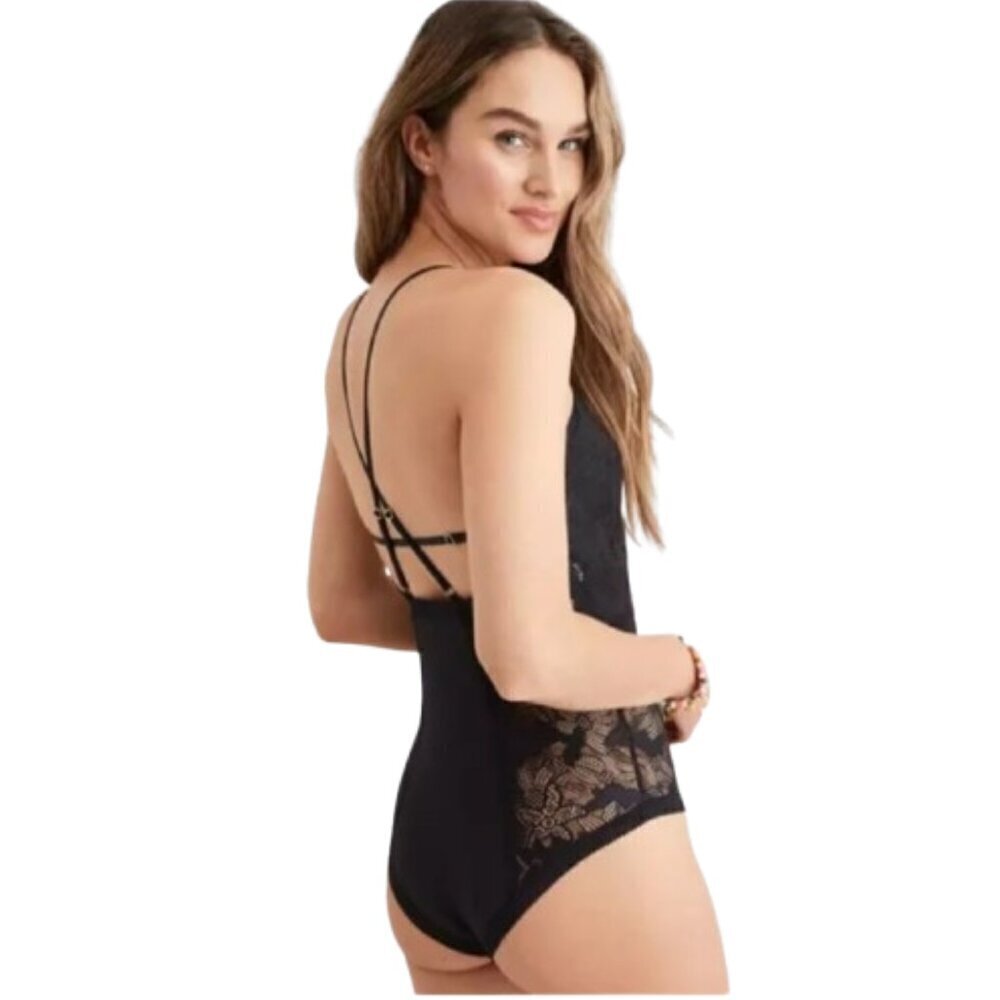 Women's XL NWT Aerie Black Coral Lace Bodysuit Full Coverage